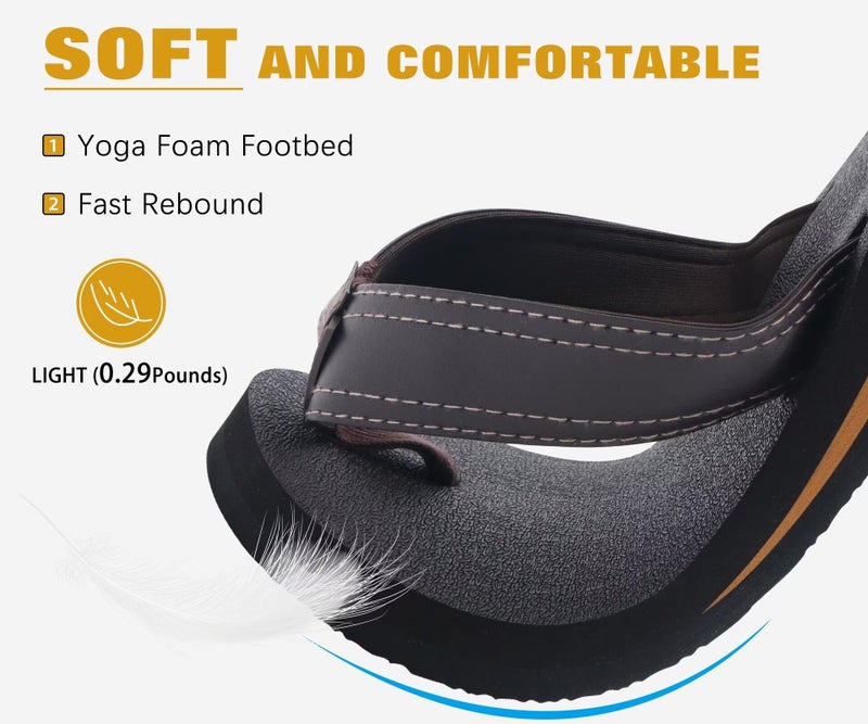 KuaiLu Men's Leather Flip Flops Arch Support Summer Beach Pool Water Thong Sandals Waterproof Rubber Walking Shoes Slip on Orthotic Casual Sport Cushioned Wide Slides Shower Slippers Brown Size 9 - Image 3